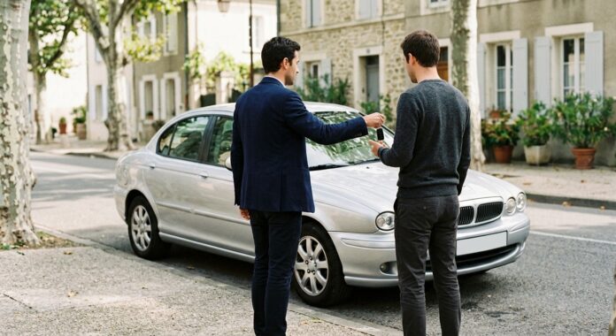 Remise des clés lors de la vente d'un véhicule et résiliation de l'assurance auto Vendeur remettant les clés de sa voiture à l'acheteur lors de la cession du véhicule