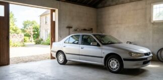 Assurance auto pour un véhicule ancien non collection (10 à 25 ans) : quelle formule choisir Berline ancienne bien entretenue garée dans un garage privé, illustrant le choix entre assurance tous risques et tiers étendu pour un véhicule non collection