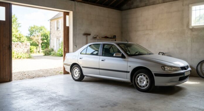 Berline ancienne bien entretenue garée dans un garage privé, illustrant le choix entre assurance tous risques et tiers étendu pour un véhicule non collection