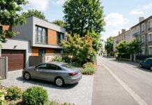 Déclarer un changement d’adresse à son assureur auto : pourquoi ça change le tarif Voiture garée dans une allée privée face à une rue résidentielle française, illustrant le changement d adresse et son impact sur assurance auto