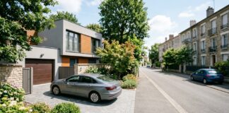 Déclarer un changement d’adresse à son assureur auto : pourquoi ça change le tarif Voiture garée dans une allée privée face à une rue résidentielle française, illustrant le changement d adresse et son impact sur assurance auto