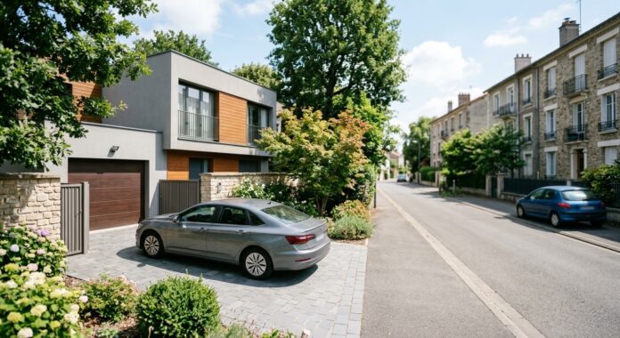 Voiture garée dans une allée privée face à une rue résidentielle française, illustrant le changement d adresse et son impact sur assurance auto