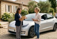 Courtier grossiste en assurance auto : la différence invisible pour l’assuré Conseillère en assurance échangeant avec une automobiliste devant son véhicule