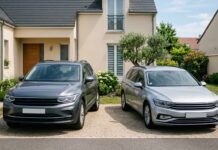 Multi-véhicules dans un même foyer : regrouper ses contrats auto a-t-il un intérêt Deux voitures familiales garées côte à côte dans l allée d une maison, illustrant le regroupement de contrats assurance auto pour un même foyer
