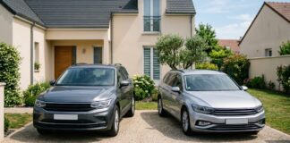 Multi-véhicules dans un même foyer : regrouper ses contrats auto a-t-il un intérêt Deux voitures familiales garées côte à côte dans l allée d une maison, illustrant le regroupement de contrats assurance auto pour un même foyer