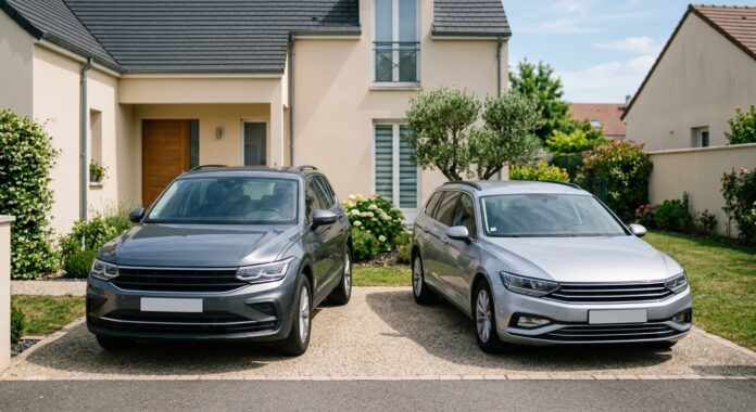 Deux voitures familiales garées côte à côte dans l allée d une maison, illustrant le regroupement de contrats assurance auto pour un même foyer