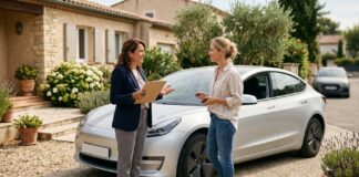 Courtier grossiste en assurance auto : la différence invisible pour l’assuré Conseillère en assurance échangeant avec une automobiliste devant son véhicule