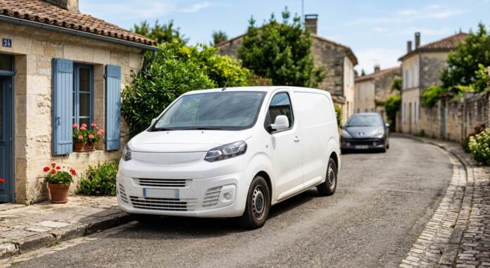 Utilitaire blanc garé dans une rue résidentielle, illustrant un usage mixte professionnel et privé