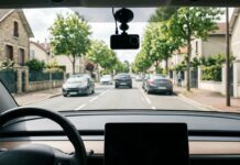 Dashcam et assurance auto : quelle valeur juridique en cas de litige Vue depuis l intérieur d un véhicule avec une dashcam fixée au pare-brise sur une rue résidentielle française