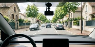 Dashcam et assurance auto : quelle valeur juridique en cas de litige Vue depuis l intérieur d un véhicule avec une dashcam fixée au pare-brise sur une rue résidentielle française