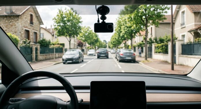 Vue depuis l intérieur d un véhicule avec une dashcam fixée au pare-brise sur une rue résidentielle française
