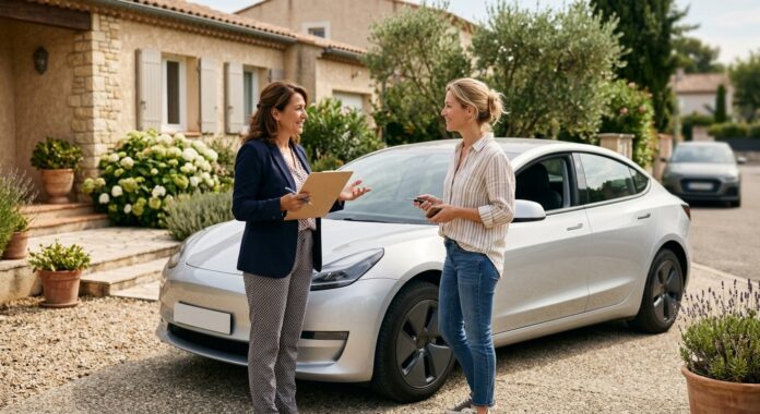Conseillère en assurance échangeant avec une automobiliste devant son véhicule