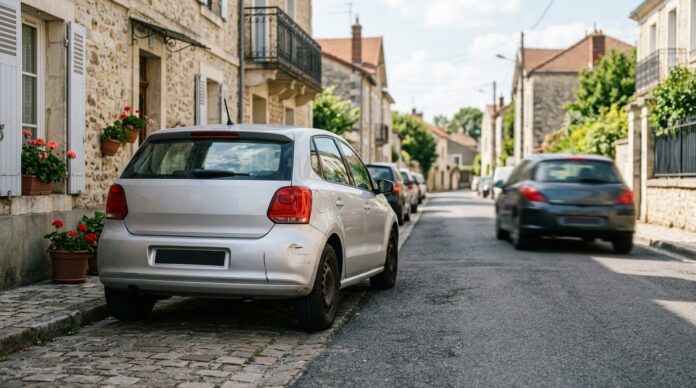 Voiture endommagée par un délit de fuite, avec le véhicule responsable qui repart en arrière-plan dans une rue française