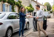 Prêt de volant occasionnel : ce que couvre vraiment l’assurance auto Deux personnes échangeant les clés d'une voiture dans une rue française