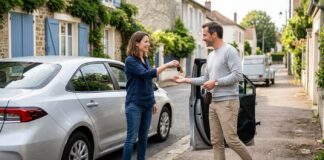 Prêt de volant occasionnel : ce que couvre vraiment l’assurance auto Deux personnes échangeant les clés d'une voiture dans une rue française