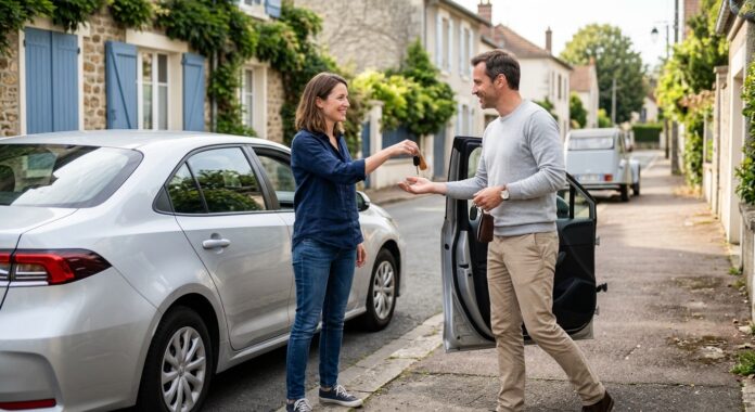 Prêt de volant occasionnel en assurance auto Deux personnes échangeant les clés d'une voiture dans une rue française