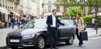 Assurance auto taxi VTC : pourquoi un contrat particulier ne suffit pas Chauffeur VTC ouvrant la portière à une passagère avec une valise dans une rue française