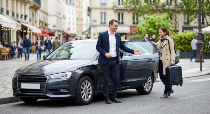 Chauffeur VTC ouvrant la portière à une passagère avec une valise dans une rue française