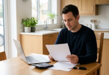 Faire baisser sa prime d’assurance auto sans réduire ses garanties Conducteur consultant son contrat d'assurance auto avec calculatrice et ordinateur portable