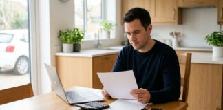 Faire baisser sa prime d’assurance auto sans réduire ses garanties Conducteur consultant son contrat d'assurance auto avec calculatrice et ordinateur portable