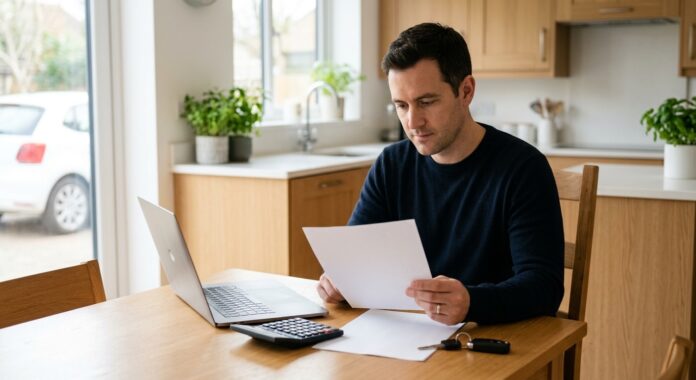 Conducteur consultant son contrat d'assurance auto avec calculatrice et ordinateur portable