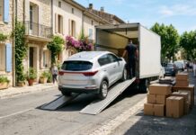 Revenir vivre en France après une expatriation : comment ré-assurer son véhicule Voiture chargée sur une rampe de camion de déménagement dans une rue française