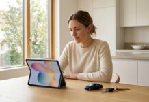 Les questions à poser avant de signer un devis d’assurance auto Femme consultant un devis assurance auto sur une tablette dans sa cuisine