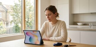 Les questions à poser avant de signer un devis d’assurance auto Femme consultant un devis assurance auto sur une tablette dans sa cuisine