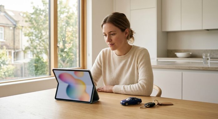 Femme consultant un devis assurance auto sur une tablette dans sa cuisine
