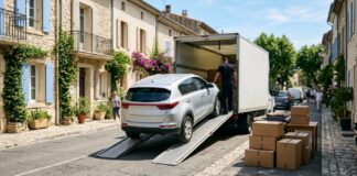 Revenir vivre en France après une expatriation : comment ré-assurer son véhicule Voiture chargée sur une rampe de camion de déménagement dans une rue française