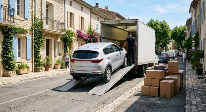 Voiture chargée sur une rampe de camion de déménagement dans une rue française