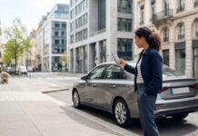 Assurance auto en libre prestation de services (LPS) : ce qu’il faut savoir avant de signer Personne consultant les informations de son contrat d'assurance auto sur un téléphone, à côté de sa voiture dans une rue