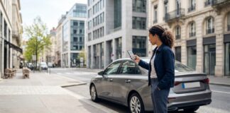 Assurance auto en libre prestation de services (LPS) : ce qu’il faut savoir avant de signer Personne consultant les informations de son contrat d'assurance auto sur un téléphone, à côté de sa voiture dans une rue