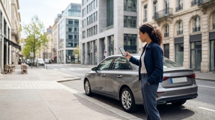 Personne consultant les informations de son contrat d'assurance auto sur un téléphone, à côté de sa voiture dans une rue