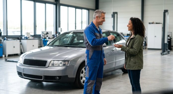 Mécanicien remettant les clés d'un véhicule de remplacement à une cliente dans un garage