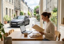 Relevé d’informations auto : comment l’obtenir, le lire et le vérifier Une conductrice relit ses documents d’assurance auto à une table, avec sa voiture garée dans la rue derrière elle