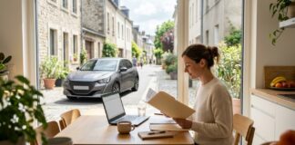 Relevé d’informations auto : comment l’obtenir, le lire et le vérifier Une conductrice relit ses documents d’assurance auto à une table, avec sa voiture garée dans la rue derrière elle