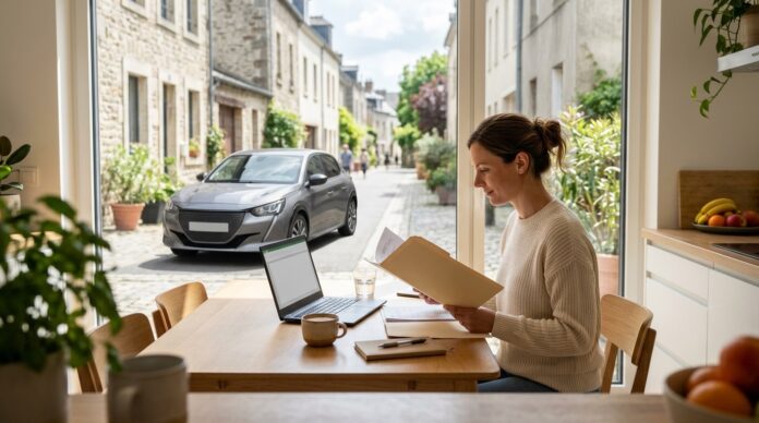 Une conductrice relit ses documents d’assurance auto à une table, avec sa voiture garée dans la rue derrière elle