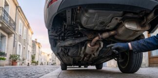 Vol de catalyseur : ce que couvre votre assurance auto et comment réagir Dessous d un véhicule garé dans une rue, ligne d échappement sans catalyseur