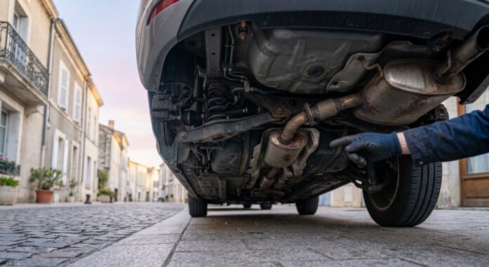 Dessous d un véhicule garé dans une rue, ligne d échappement sans catalyseur