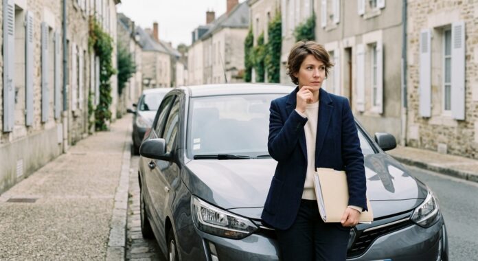 Conductrice devant sa voiture garée dans une rue française, un dossier de papiers sous le bras