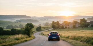 Durée réelle d’un malus assurance auto : comment il s’efface avec le temps Voiture circulant sur une route de campagne au lever du soleil, illustration du retour à une conduite sereine