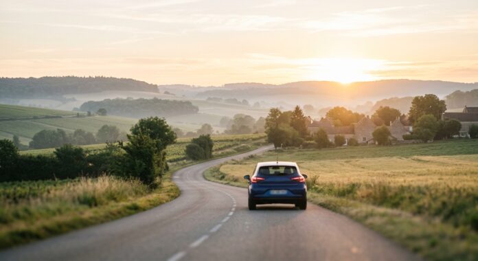 Voiture roulant sereinement sur une route de campagne au lever du soleil Voiture circulant sur une route de campagne au lever du soleil, illustration du retour à une conduite sereine
