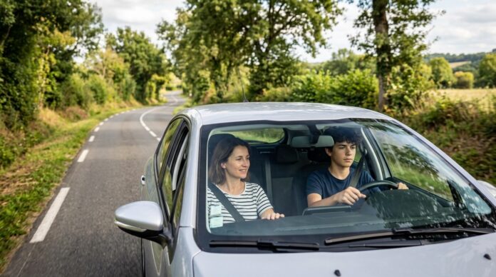 Un parent accompagne un adolescent au volant sur une route de campagne en conduite accompagnée