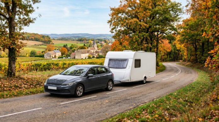 Voiture tractant une caravane blanche sur une route de campagne française en automne