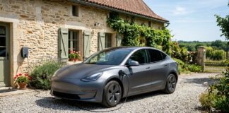 Hybride rechargeable : ce que couvre l’assurance auto sur la batterie Voiture hybride rechargeable branchée à une borne de recharge murale devant une maison en pierre