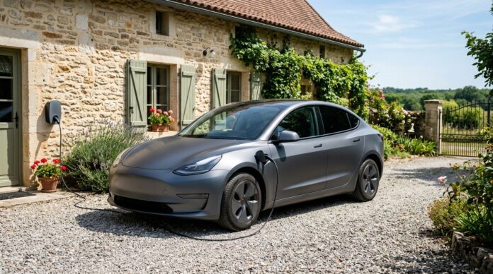 Voiture hybride rechargeable branchée à une borne de recharge murale devant une maison en pierre