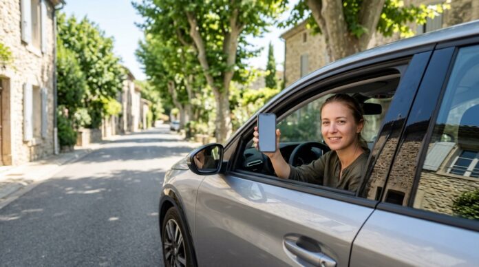 Conductrice montrant son attestation d’assurance auto sur smartphone depuis sa voiture