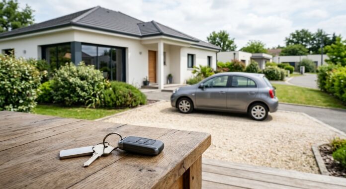 Maison et voiture familiale avec clés posées sur une table en bois