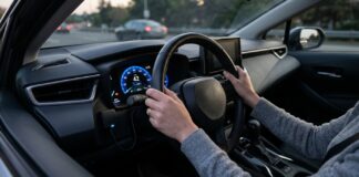 Boîtier télématique et assurance comportementale : comment ça réduit vraiment la prime Boîtier télématique connecté au tableau de bord d une voiture, mains du conducteur sur le volant